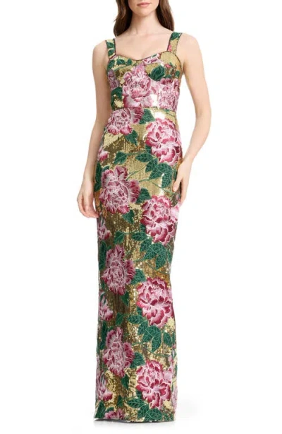 Dress The Population Reese Embroidered Floral Sequin Sheath Gown In Multi