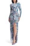 Dress The Population Romera Metallic Floral Print Gown In Capri Multi