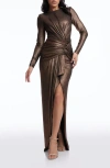 Dress The Population Romera Metallic Long Sleeve Gown In Bronze