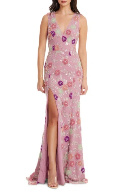 Dress The Population Sandra Floral Beaded Trumpet Gown In Orchid Multi