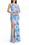 Dress The Population Sandra Tie Waist Evening Gown In Blue