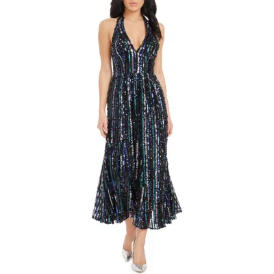 Dress The Population Sarai Sequin Halter Cocktail Dress In Navy Multi