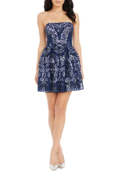 Dress The Population Sasha Sequin & Beaded Floral Strapless Fit & Flare Minidress In Navy Multi