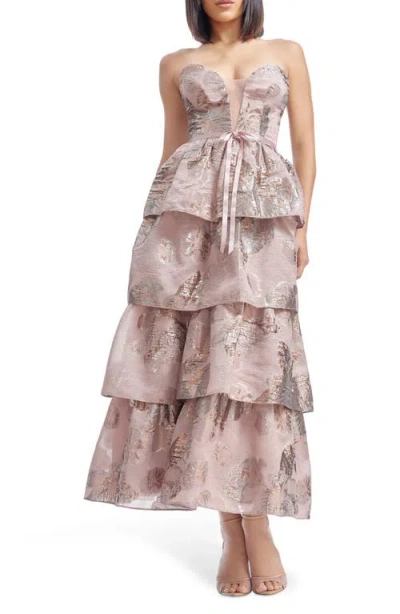 Dress The Population Savannah Metallic Strapless Tiered Gown In Rose Gold Multi