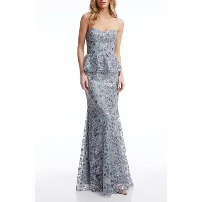 Dress The Population Scarlett Sequin Floral Peplum Mermaid Gown In Graphite Blue Multi
