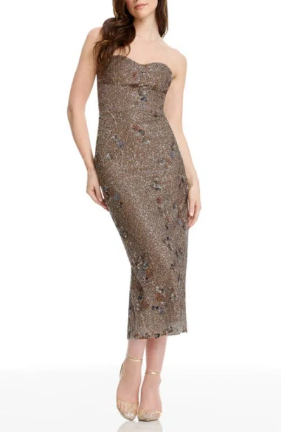 Dress The Population Shailene Sequin Floral Strapless Cocktail Sheath Dress In Brown