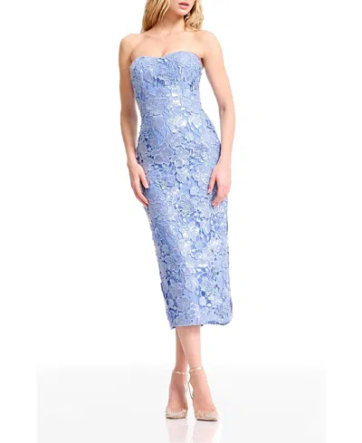 Dress The Population Shailene Strapless Sweetheart Lace Midi Dress In Blue
