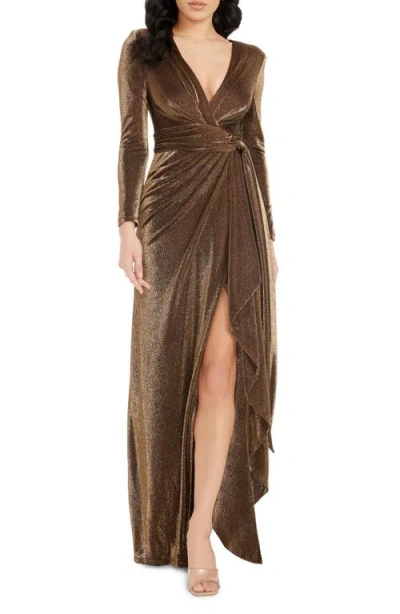 Dress The Population Shania Metallic Draped Mermaid Gown In Gold Multi