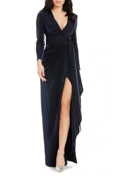 Dress The Population Shania Metallic Wrap Front Long Sleeve Gown In Navy Multi
