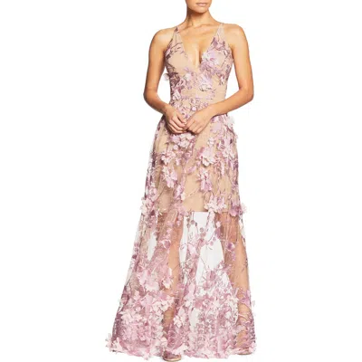 Dress The Population Sidney Deep V-neck 3d Lace Gown In Lilac/nude