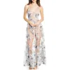 Dress The Population Sidney Deep V-neck 3d Lace Gown In Mineral Blue/nude