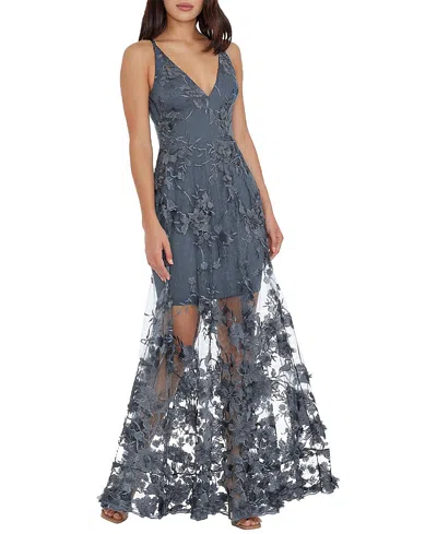Dress The Population Sidney V-neck 3d Floral Sheer Overlay Gown In Gray