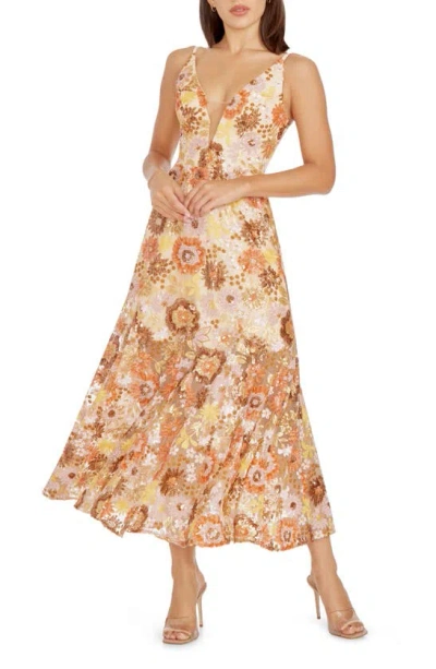 Dress The Population Sierra Floral Sequin Midi Cocktail Dress In Amber Multi
