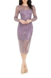 Dress The Population Sophia Bead & Sequin Long Sleeve Cocktail Midi Dress In Dusty Lavender Multi