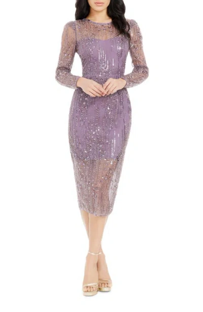 Dress The Population Sophia Bead & Sequin Long Sleeve Cocktail Midi Dress In Dusty Lavender Multi