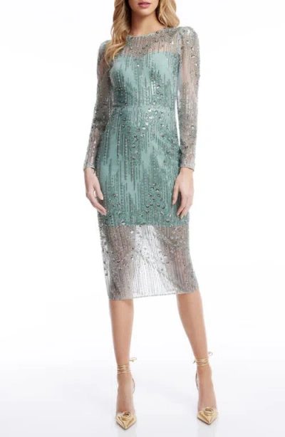 Dress The Population Sophia Bead & Sequin Long Sleeve Cocktail Midi Dress In Sage Multi