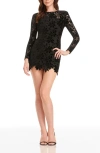 Dress The Population Stassi Long Sleeve Velvet Floral Lace Cocktail Minidress In Black