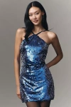 Dress The Population Suri Sequin Halter Cocktail Minidress In Blue