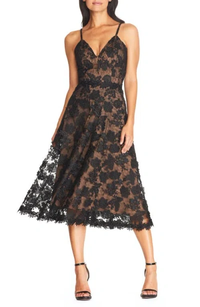 Dress The Population Tahani Floral Embroidered Fit & Flare Midi Dress In Black/nude