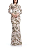 Dress The Population Tamra Sequin Embroidered Long Sleeve Mermaid Gown In Ivory Multi
