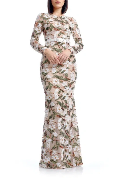 Dress The Population Tamra Sequin Embroidered Long Sleeve Mermaid Gown In Ivory Multi