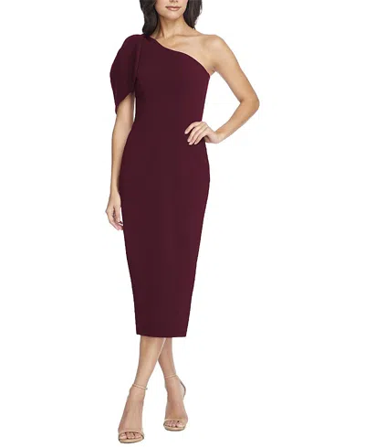 Dress The Population Tiffany One Shoulder Bow Midi Dress In Burgundy