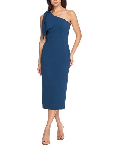 Dress The Population Tiffany One Shoulder Bow Midi Dress In Peacock Blue