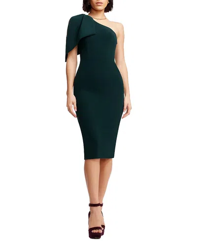 Dress The Population Tiffany One Shoulder Bow Midi Dress In Pine