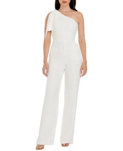 Dress The Population Tiffany One Shoulder Bow Wide Leg Jumpsuit In White