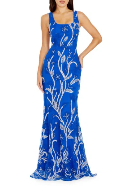 Dress The Population Tyra Beaded Floral Chiffon Mermaid Gown In Electric Blue Multi