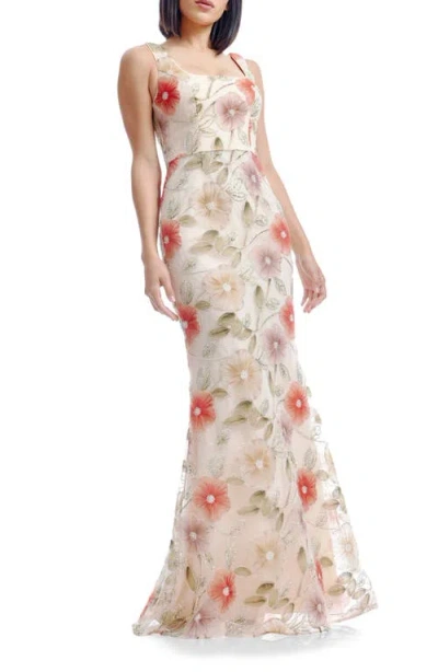 Dress The Population Tyra Floral Print Metallic Sleeveless Gown In Champagne Multi