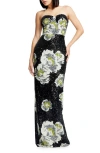 Dress The Population Vada Floral Sequin Strapless Gown In Black Multi