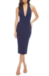 Dress The Population Vanessa Halter Body-con Midi Dress In Navy