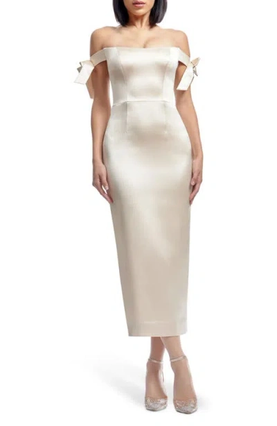Dress The Population Verona Off The Shoulder Satin Midi Cocktail Dress In Champagne