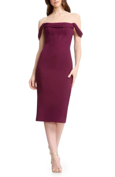 Dress The Population Vickie Off The Shoulder Midi Corset Dress In Burgundy