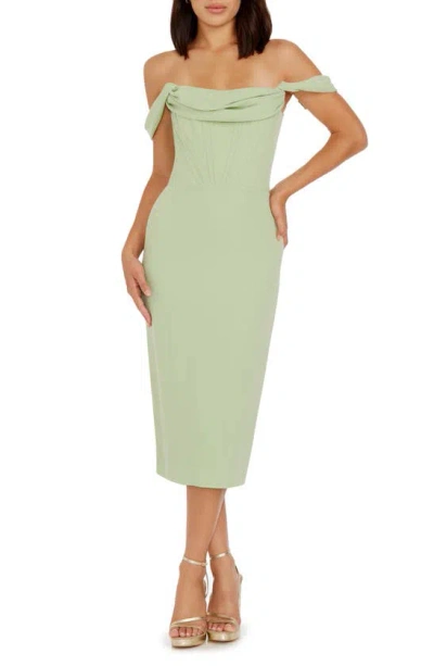 Dress The Population Vickie Off The Shoulder Midi Corset Dress In Green