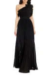 Dress The Population Vida One-shoulder Pleated Chiffon Gown In Black In Black