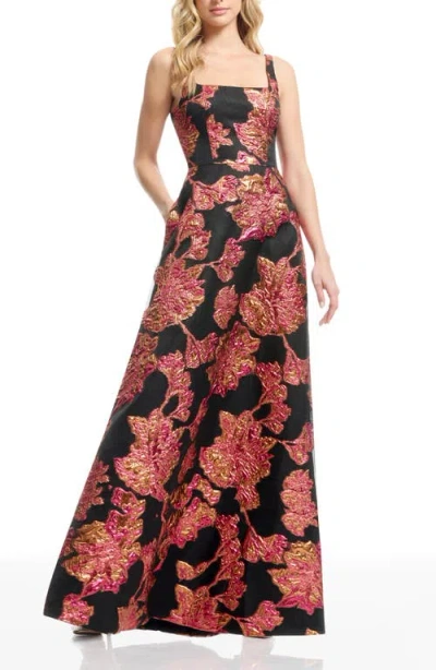 Dress The Population Vienna Square Neck Floral Jacquard A-line Gown In Multi