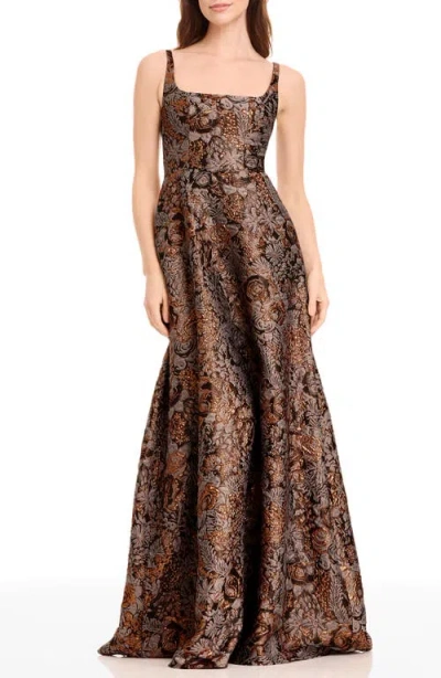 Dress The Population Vienna Metallic Floral Jacquard A-line Gown In Brown