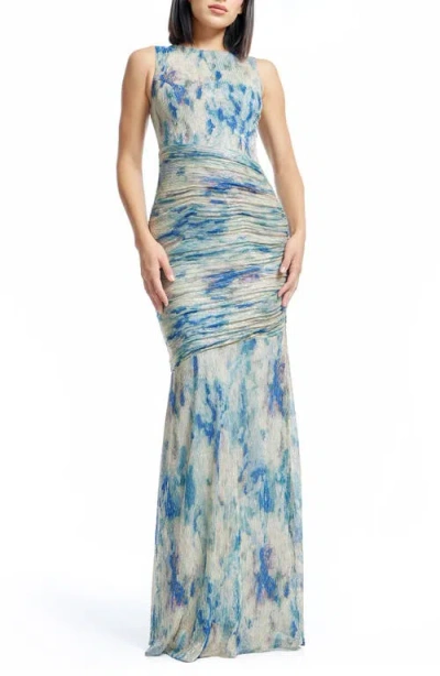 Dress The Population Violetta Metallic Floral Print Trumpet Gown In Pale Blue Multi