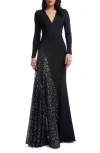 Dress The Population Winnie Sequin Panel Long Sleeve Gown