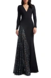 Dress The Population Winnie Sequin Panel Long Sleeve Gown In Black Multi