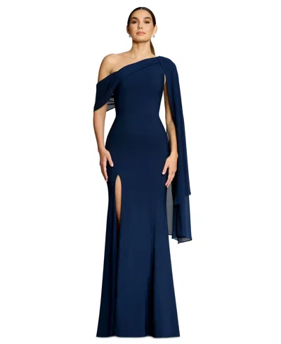 Dress The Population Women's Asymmetrical Neck Shoulder-drape A-line Gown In Navy