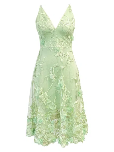 Dress The Population Audrey Fit & Flare Sheer Lace Floral Appliqué Midi Dress In Sage