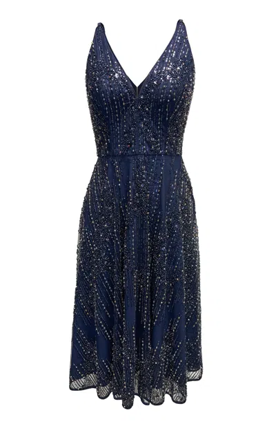 Dress The Population Women's Blue Elisa Navy Sleeveless V Neck Fit And Flare Dress