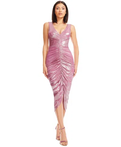 Dress The Population Women's Britt V-neck Ruched Sleeveless Dress In Pink