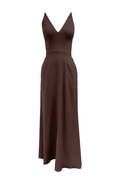 Dress The Population Women's Brown Iris V Neck High Slit Bodycon Maxi Dress