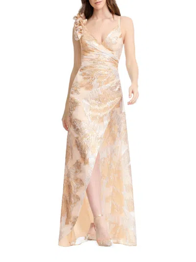 Dress The Population Camelia Metallic Jacquard Gown In Neutral