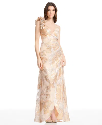 Dress The Population Camelia Metallic Jacquard Gown In Neutral