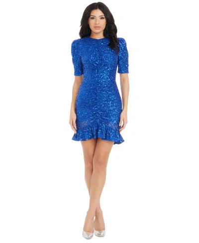 Dress The Population Chandler Sequin Short Sleeve Ruched Minidress In Electric Blue